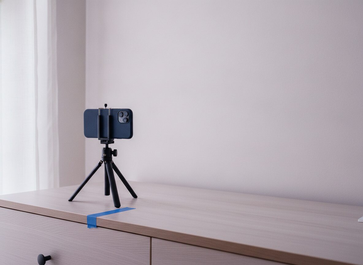 A smartphone on a small tabletop tripod with a plain wall behind it beside a window, set up to take consistent acne progress photos in the same light