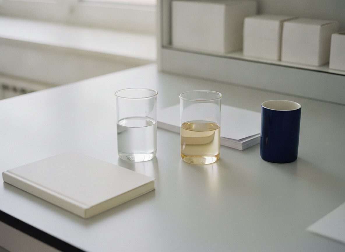 Two clear glass beakers stand side by side on a pale laboratory bench, the left holding clear water and the right holding pale gold liquid, with a closed white notebook in front, a stack of blank white paper behind and a navy blue ceramic cup to the right.