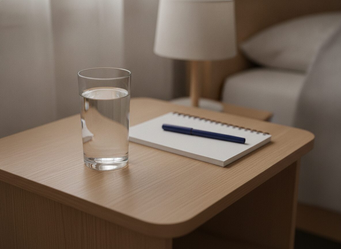 A clear glass of water and a closed white spiral-bound notepad with a blue pen lying diagonally across it sit on a light wooden bedside table, with a lamp and a bed softly blurred behind.