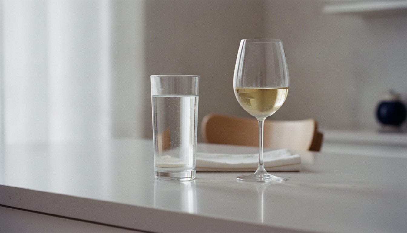 A tall clear glass of still water stands beside a stemmed wine glass holding a small pour of pale white wine on a white kitchen counter, with a folded white napkin behind them and a wooden chair blurred in the background.
