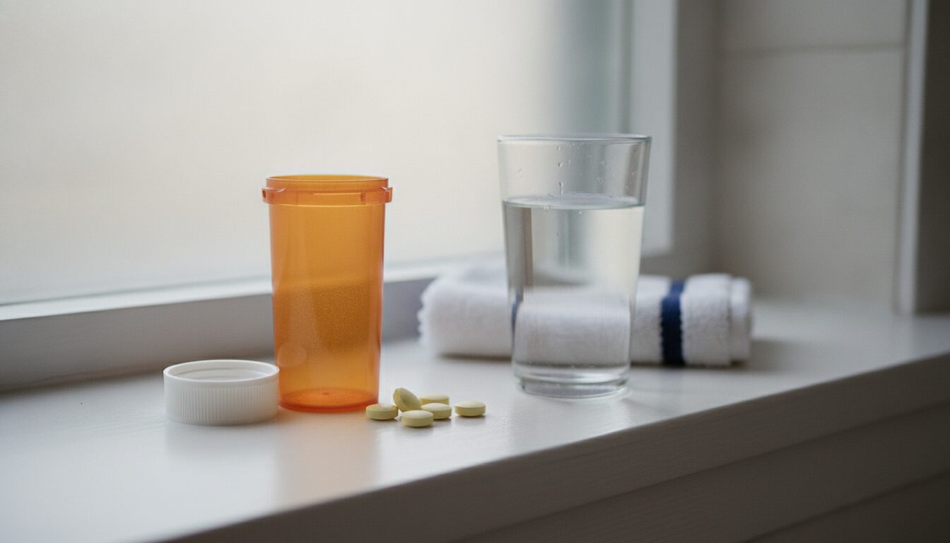 Doxycycline before and after for acne: an unlabeled amber pharmacy bottle of pale yellow tablets beside a full glass of water on a bathroom windowsill