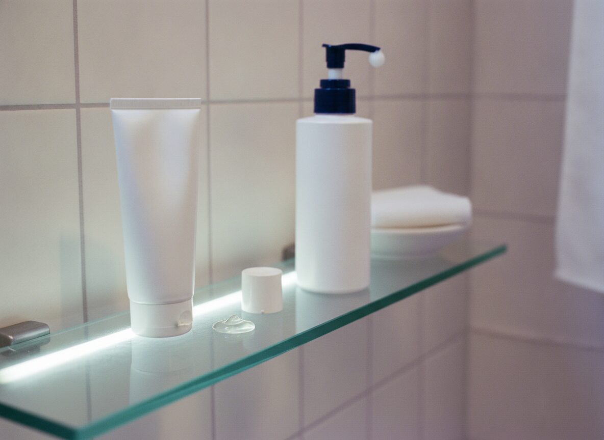 A plain tube of acne gel with a small dab of clear gel beside it and a pump bottle of face wash on a glass bathroom shelf, the topical plan that follows doxycycline