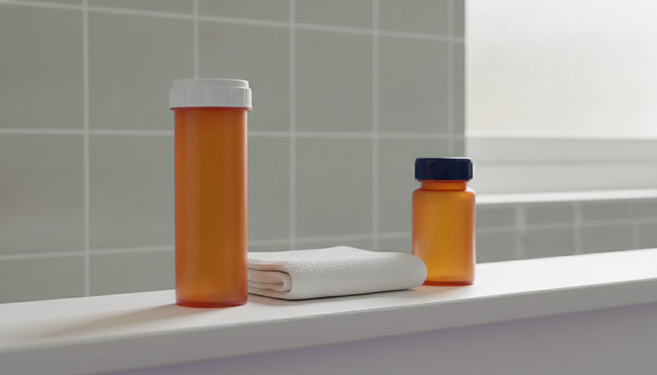 Two closed, unlabeled amber pharmacy bottles on a white bathroom shelf, a tall one with a white cap on the left and a short one with a navy cap on the right, a folded white towel between them