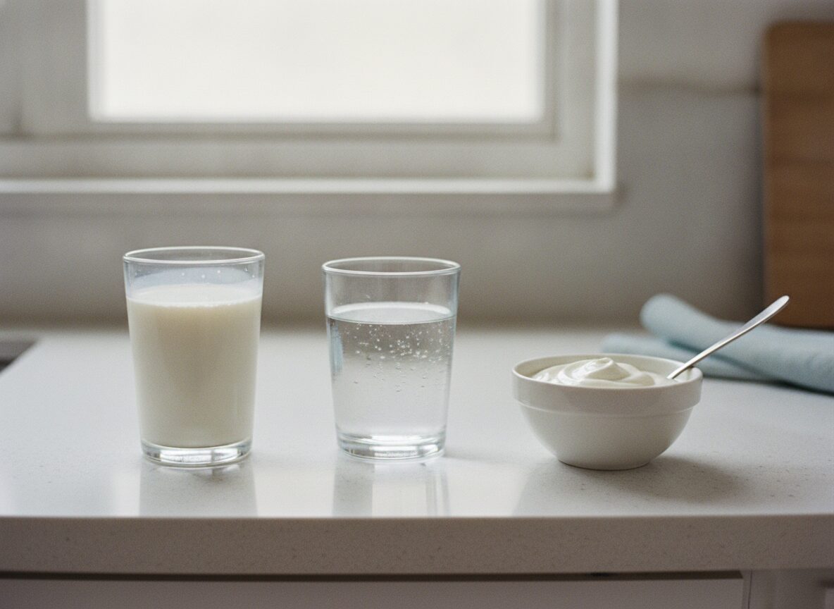 A glass of milk, a glass of water and a white bowl of plain yogurt with a spoon stand in a row on a white kitchen counter.