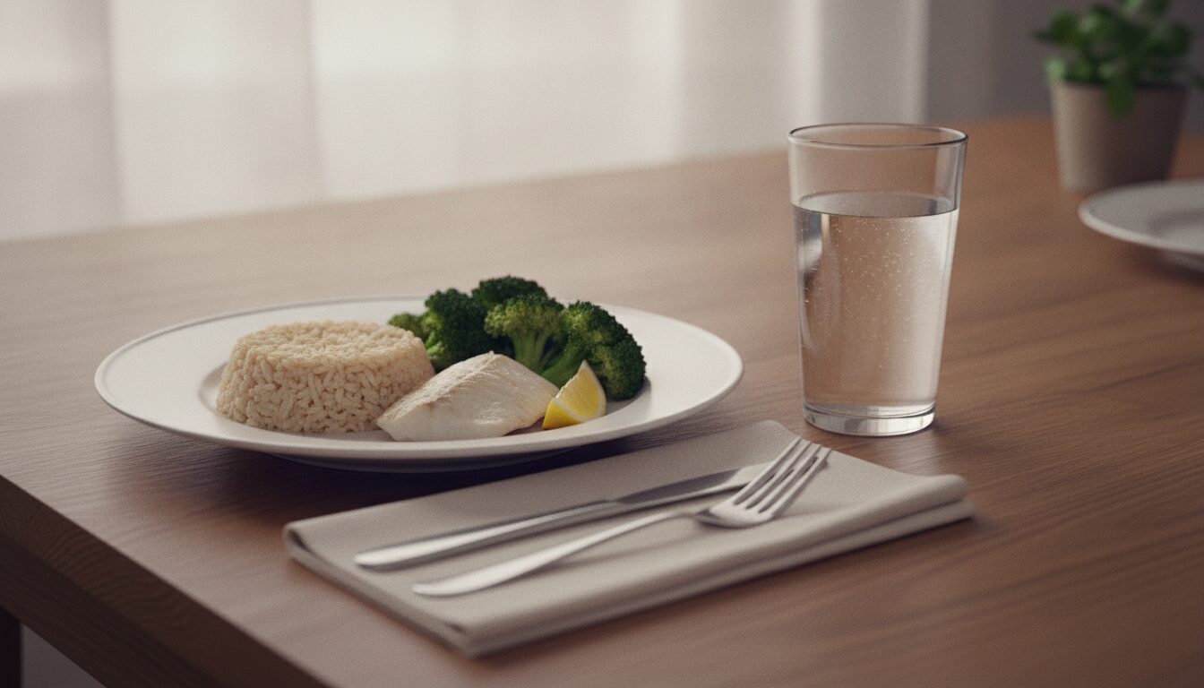 A white plate holds a mound of brown rice, several broccoli florets, a piece of baked white fish and a lemon wedge, beside a tall glass of water and a folded beige napkin with a fork and knife on a wooden table.