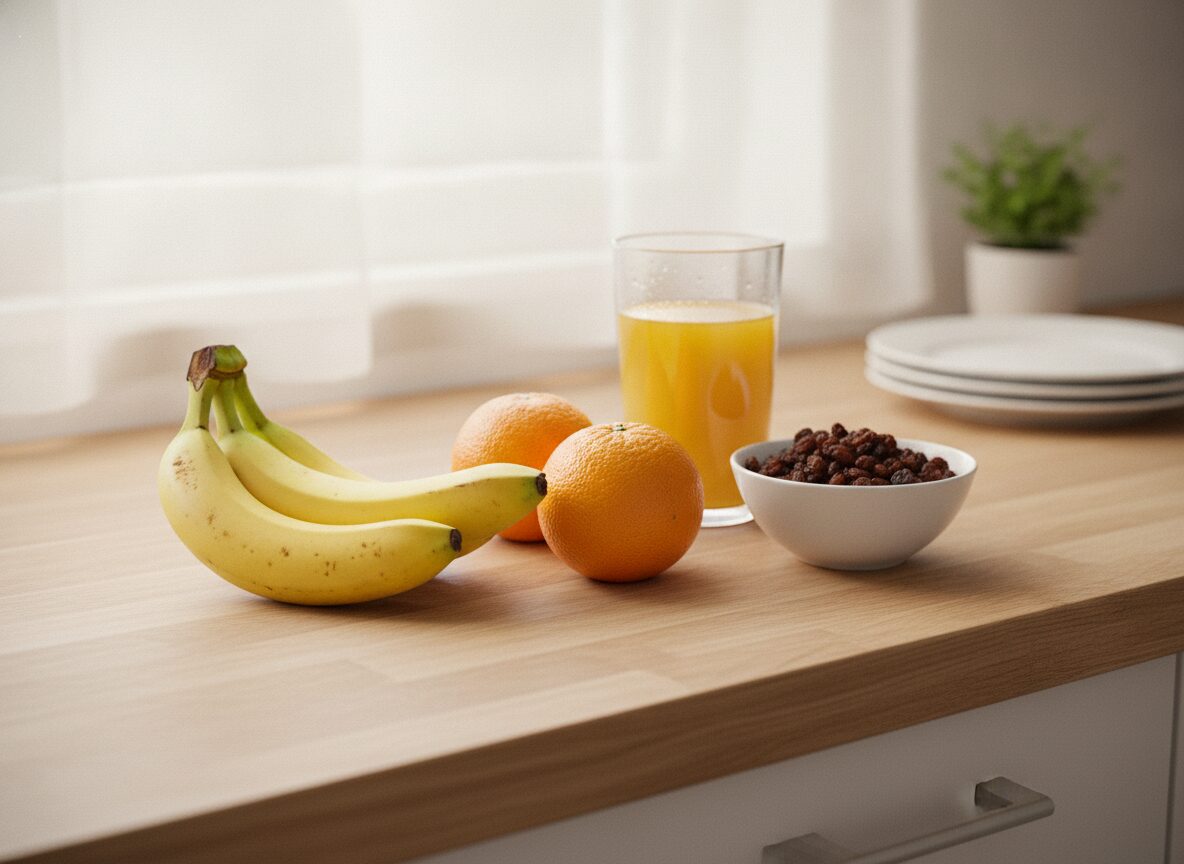 A bunch of bananas, two whole oranges, a white bowl of raisins and a glass of orange juice sit on a light wooden kitchen counter.