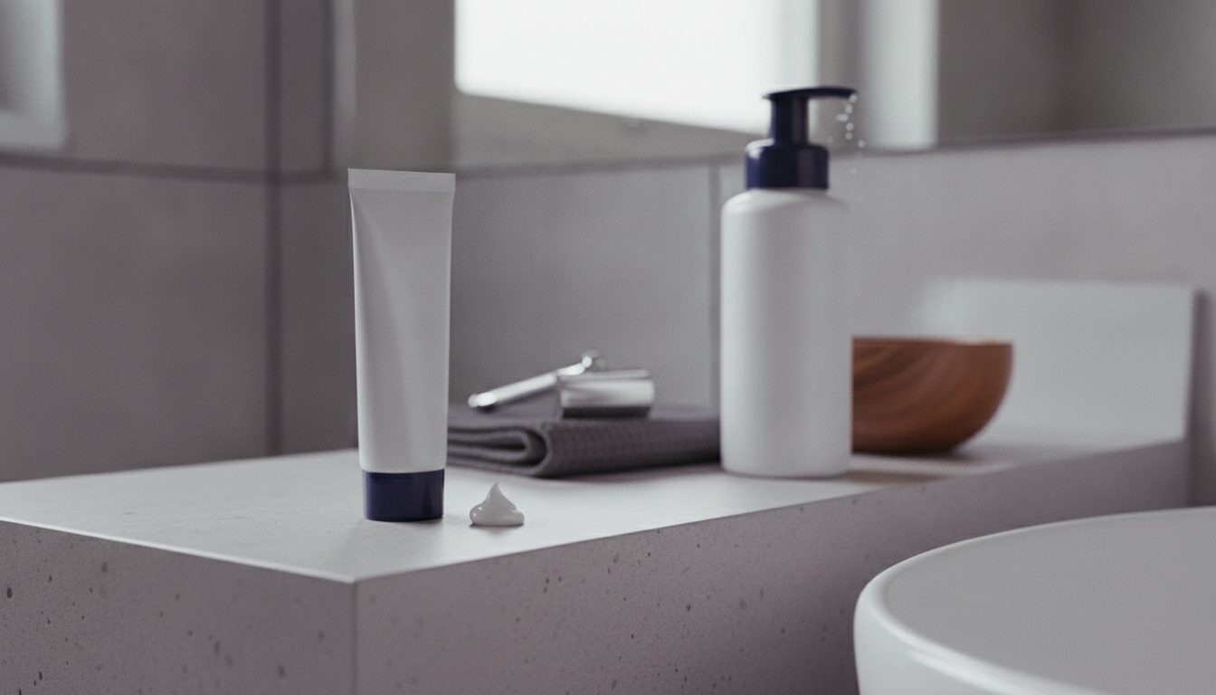 Hormones and acne in men: an unlabeled white tube with a navy cap, a dab of cream, a safety razor on a folded towel, a white foaming pump bottle, a wooden bowl and a sink