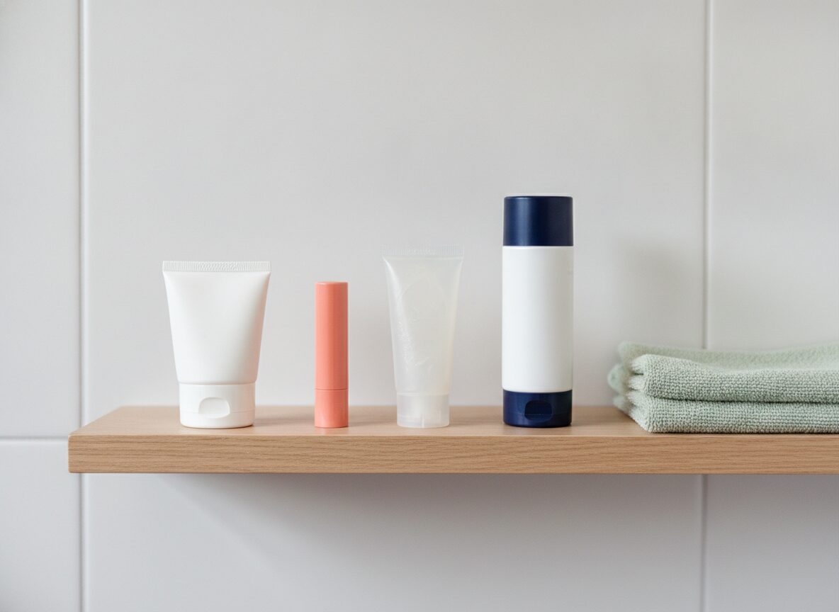 A pale oak shelf holds a white tube, a coral lip balm, a clear squeeze tube and a white bottle with a navy cap, beside a folded sage-green towel.