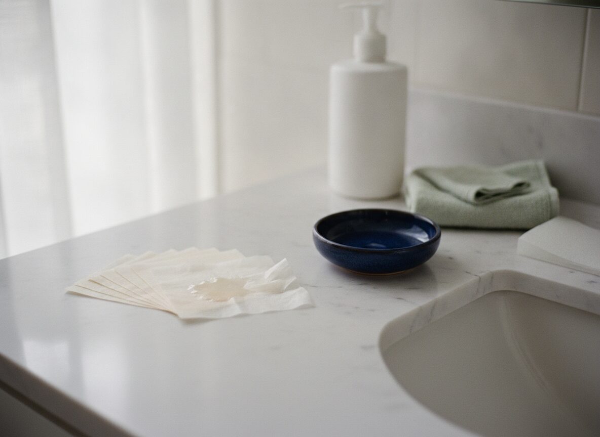 Fanned plain blotting papers, one with a faint translucent oil patch, beside a navy ceramic dish, a white pump bottle and a folded sage washcloth on a white marble vanity.