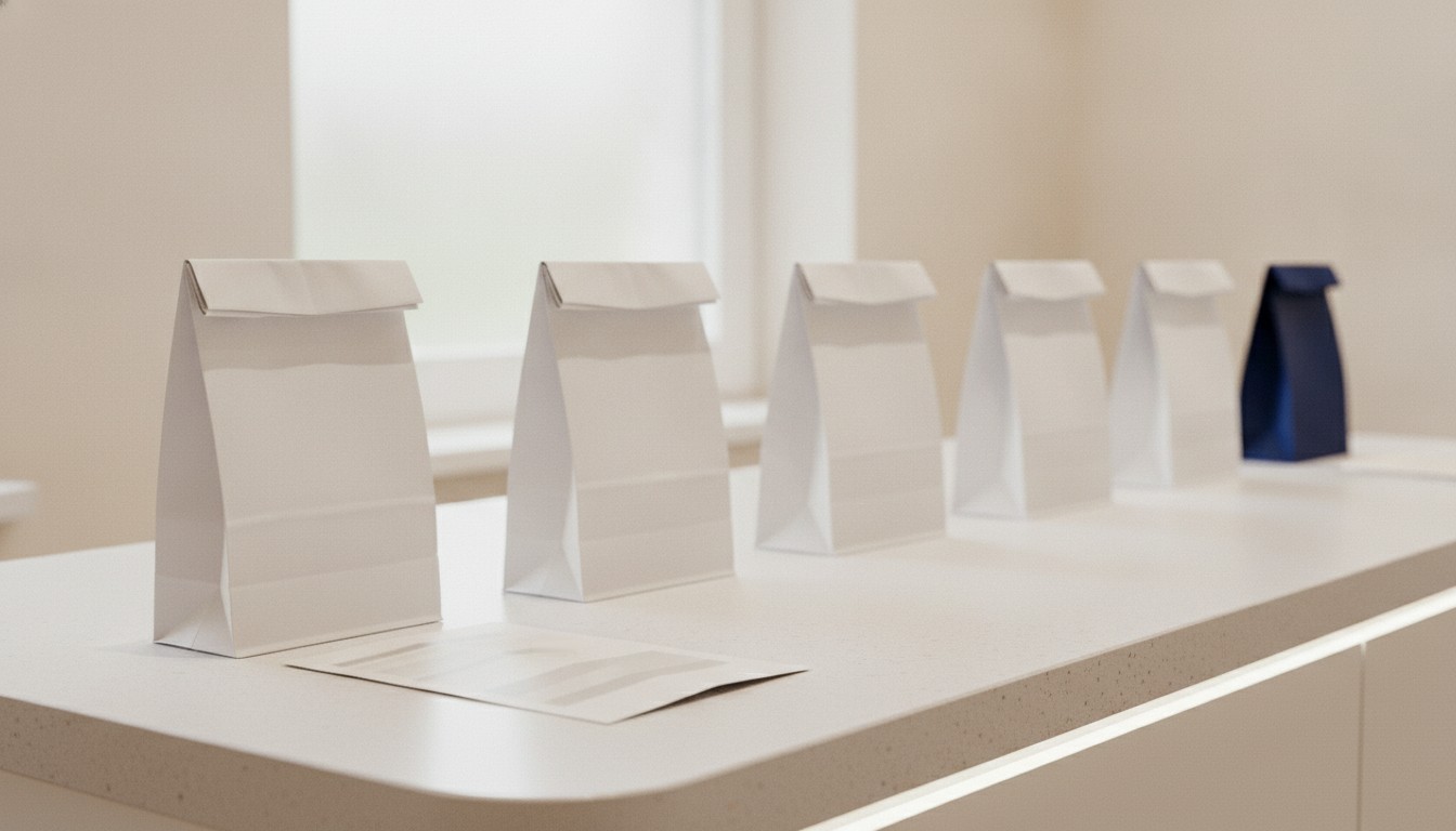 Six plain unprinted paper pharmacy bags stand in a row on a white counter, five white and the last one navy, with a folded blank sheet in front.