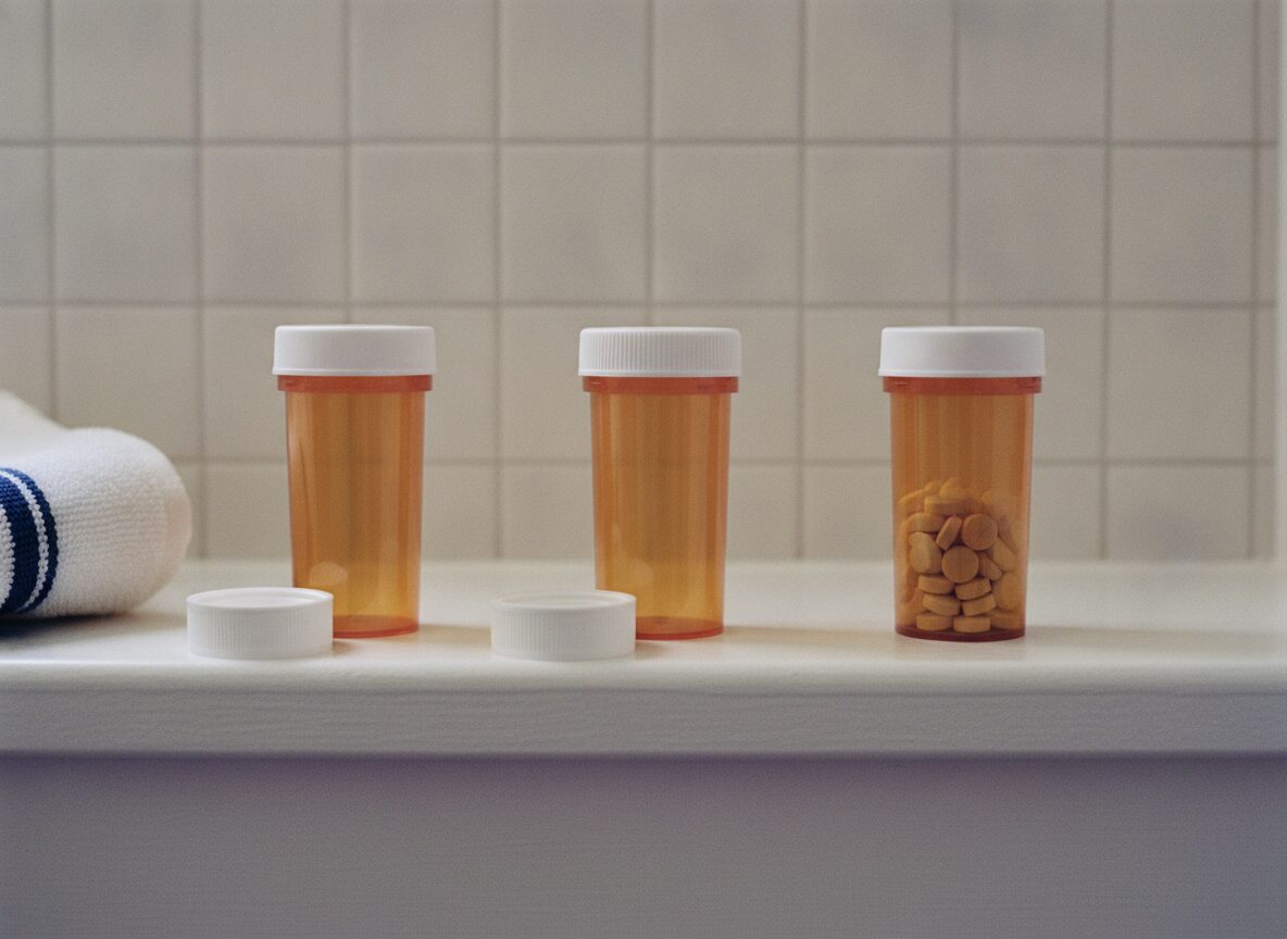 Three unlabeled amber pharmacy bottles in a row on a white bathroom shelf, two empty and one holding tablets, with two spare caps in front, like refills across a course of several months