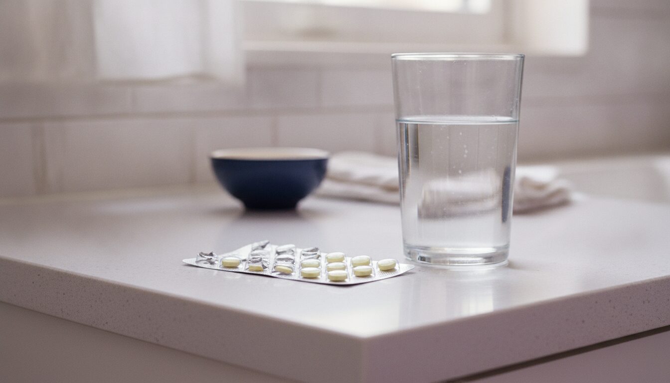 How long does doxycycline take to work for acne: a partly used blister card of pale yellow tablets beside a full glass of water on a kitchen counter in morning light