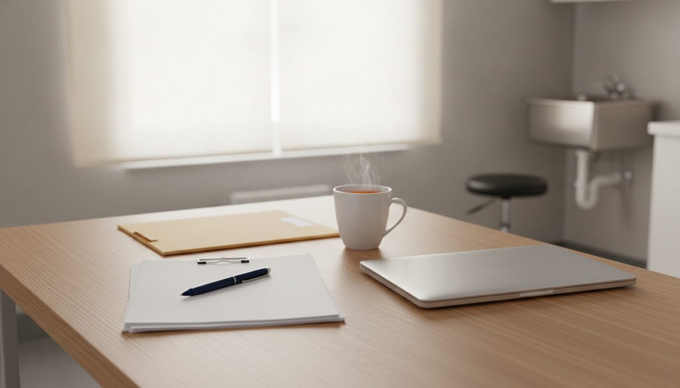 A closed silver laptop, a steaming white mug of tea, a stack of blank white paper with a navy pen and a small clip, and a closed manila folder sit on a light wooden desk in a bright exam room with a stool and a steel sink behind.