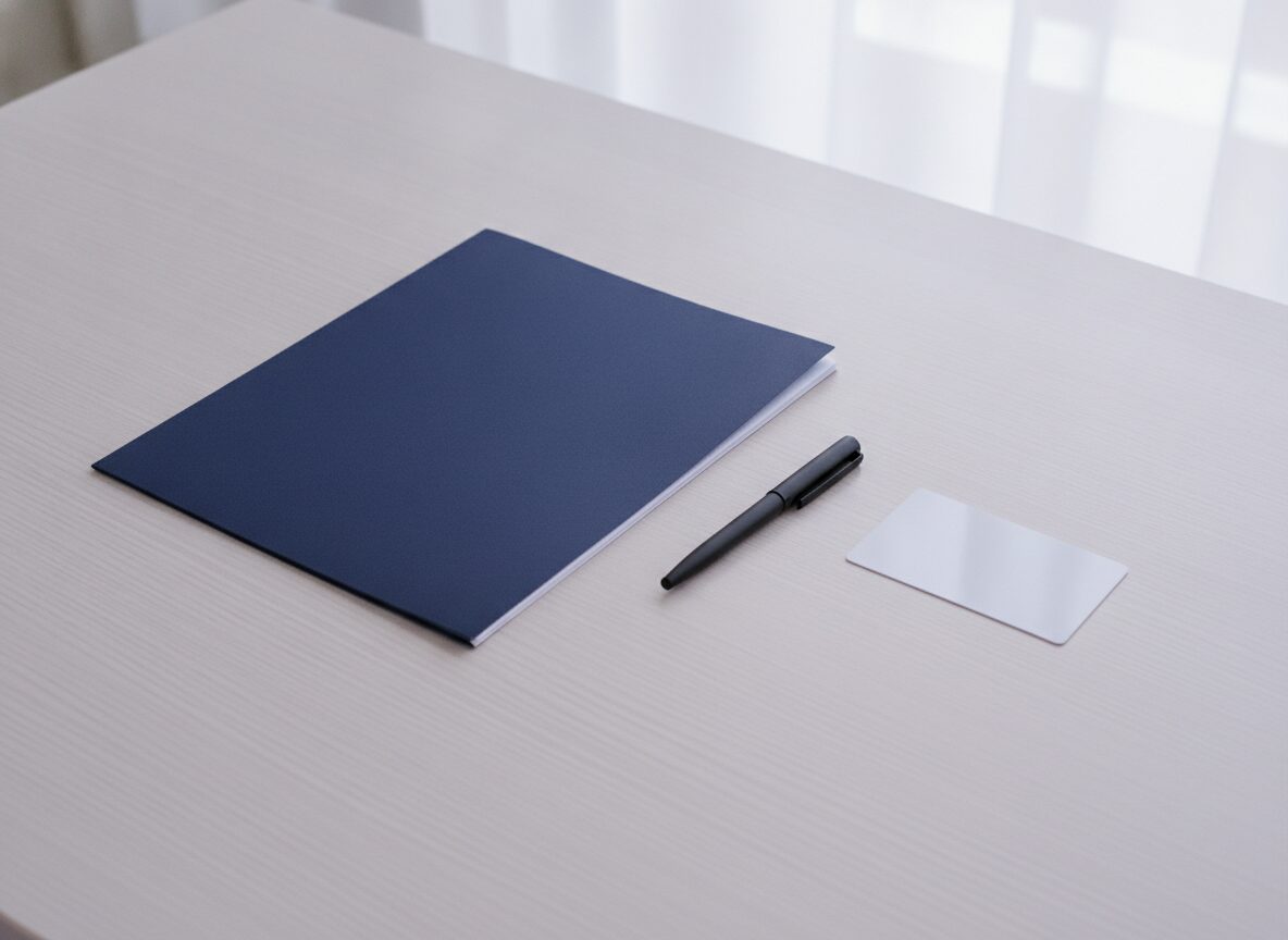 A closed navy paper folder, a blank white plastic card and a pen on a light wooden clinic desk