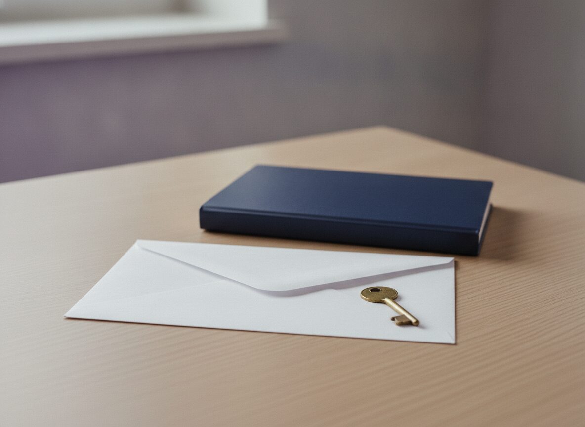 A closed plain white envelope on a light wooden desk with one small brass key resting on it, in front of a navy notebook