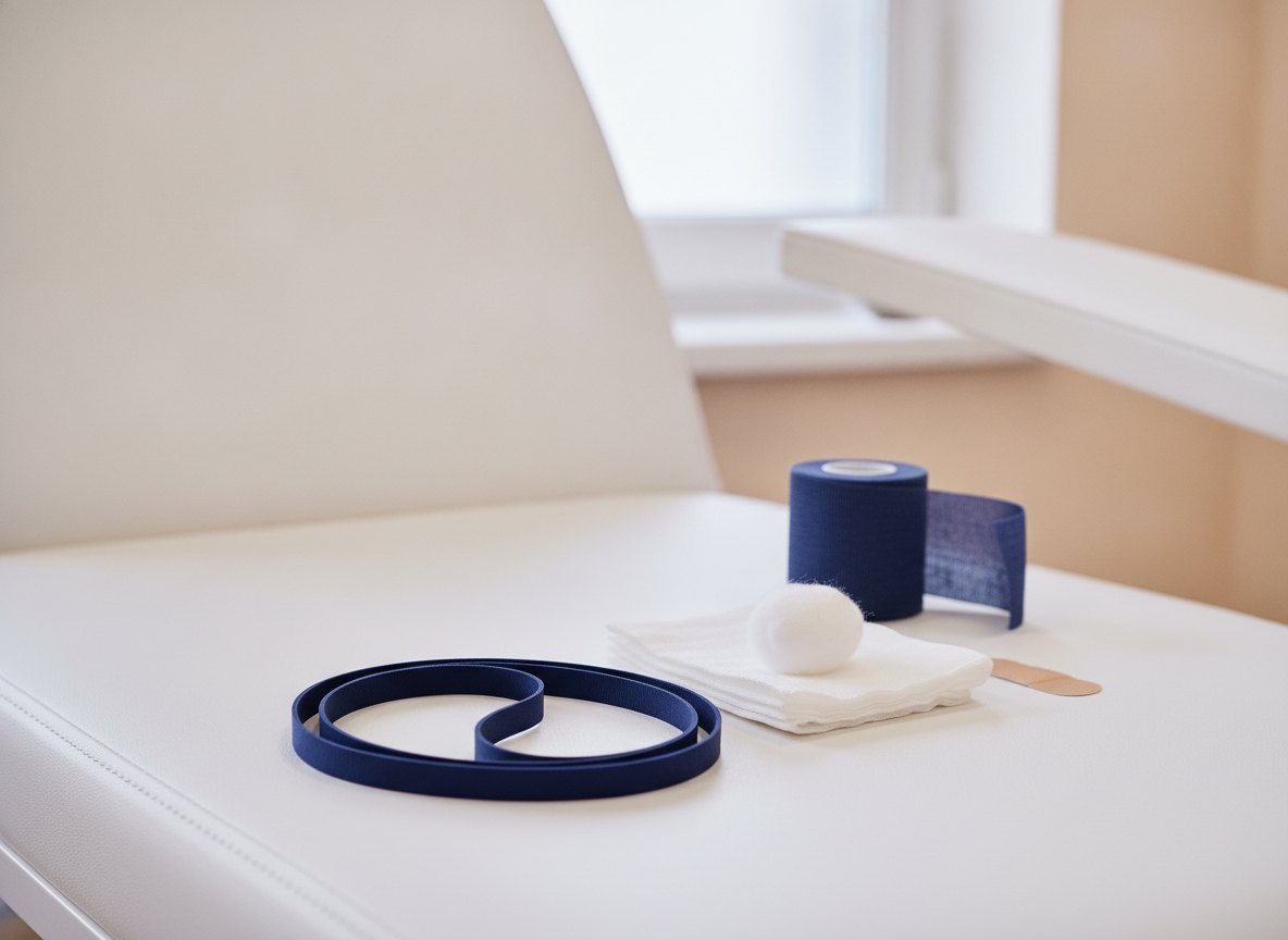 iPledge for men on isotretinoin: a coiled navy strap, folded white gauze, a cotton ball, a small beige bandage strip and a navy bandage roll on a padded white chair seat