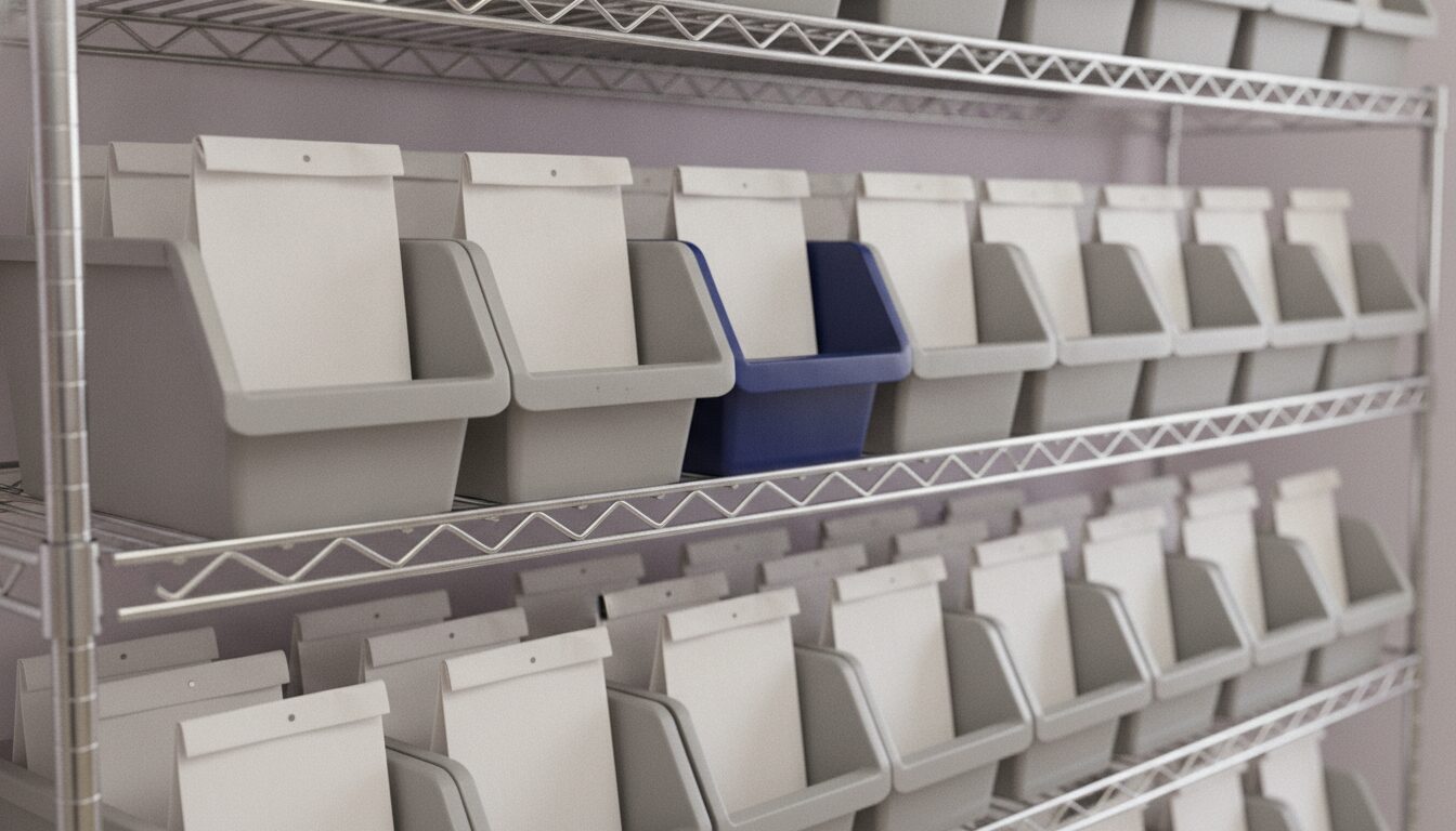 Pharmacy will-call shelf holding rows of folded plain white paper prescription bags in grey plastic bins, one bin navy blue
