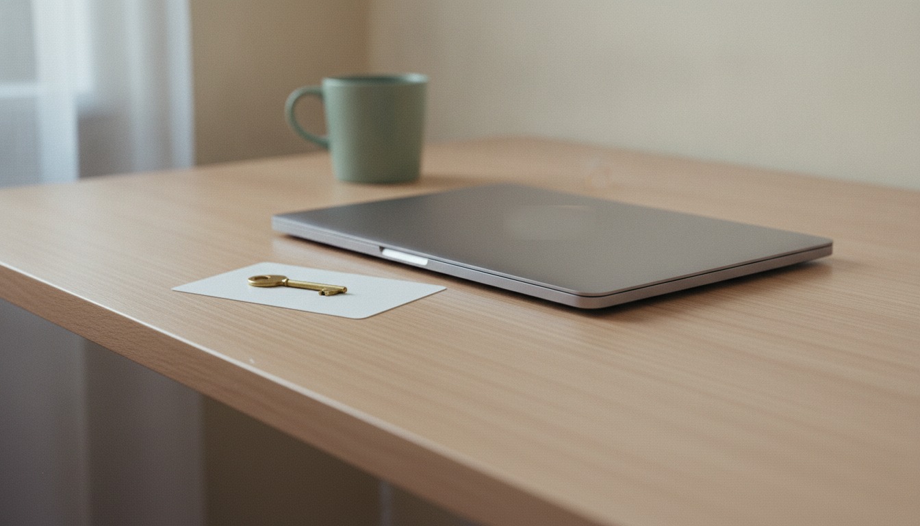 a closed silver laptop on an oak desk with a small brass key resting on a blank white card, a green mug behind