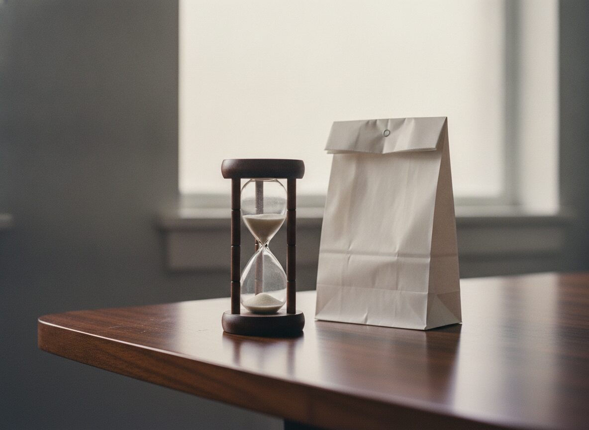 an hourglass with pale sand standing on a dark wood table beside a folded white paper bag