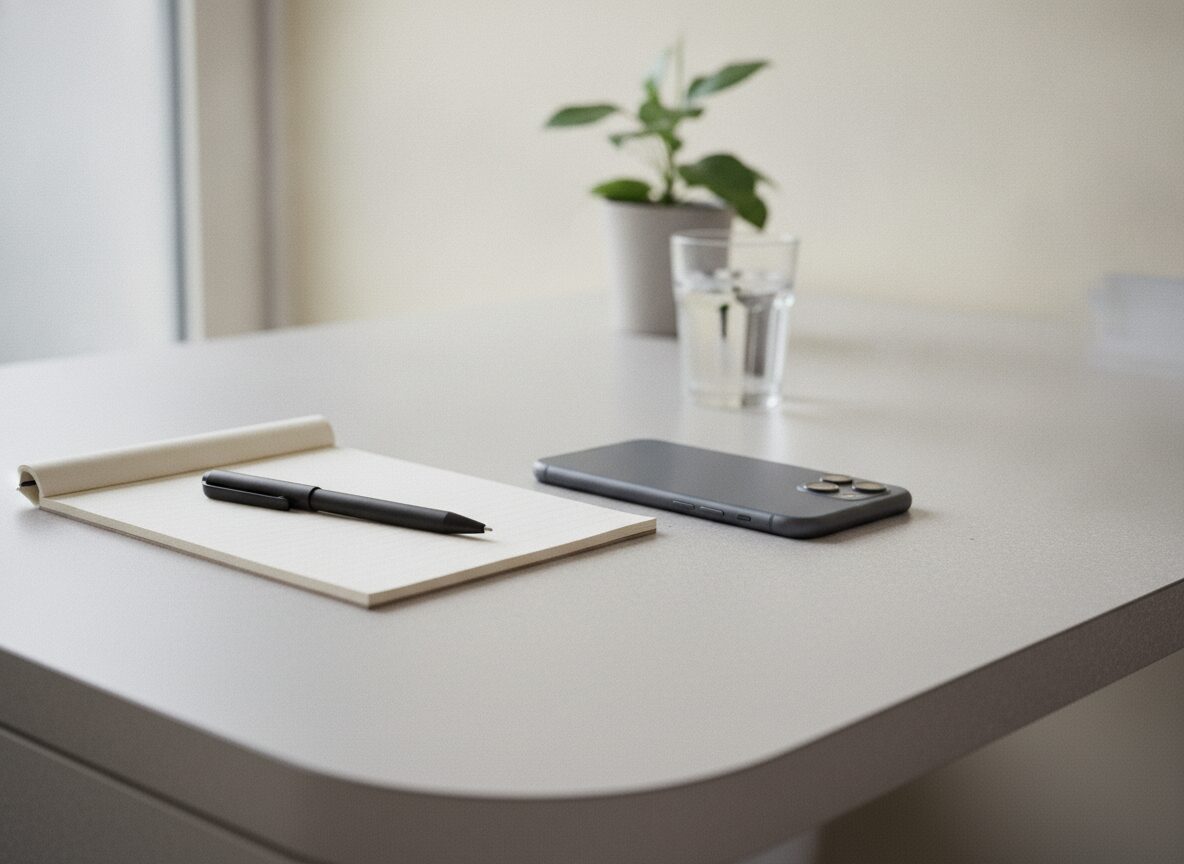 a smartphone lying face down on a grey desk beside a lined notepad with a black pen, a glass of water and a plant behind