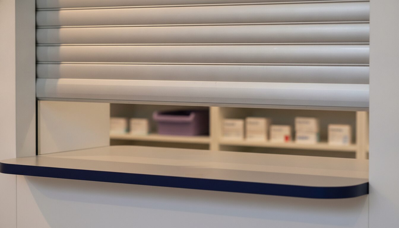 A pharmacy pickup window with a roll-down shutter pulled partway down over an empty counter