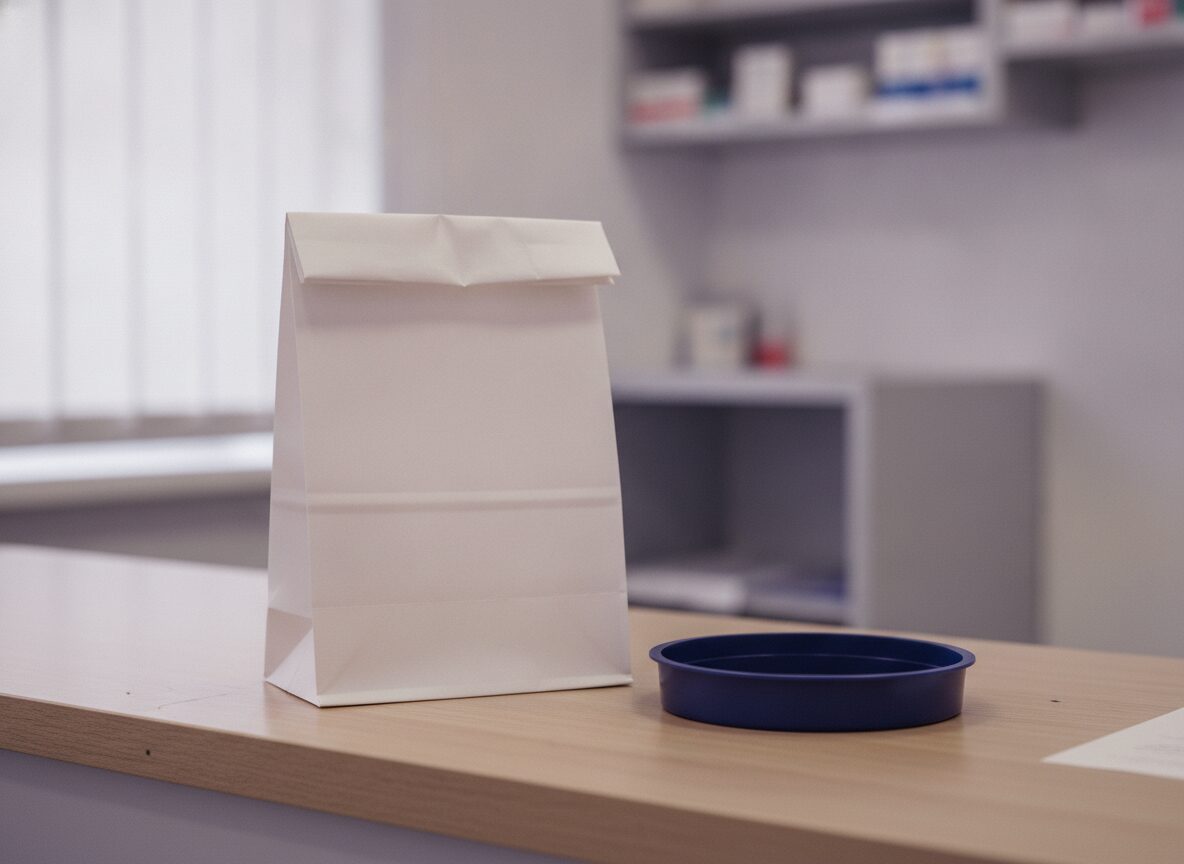 A plain white paper bag with a folded top beside a round navy tray on a light wooden counter