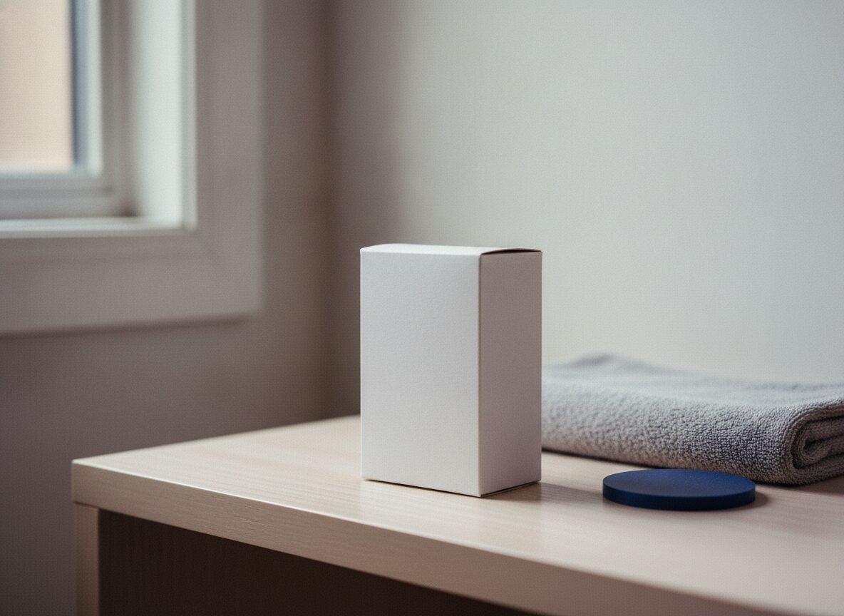 A plain white cardboard box standing on a pale wooden shelf beside a folded grey towel and a navy coaster