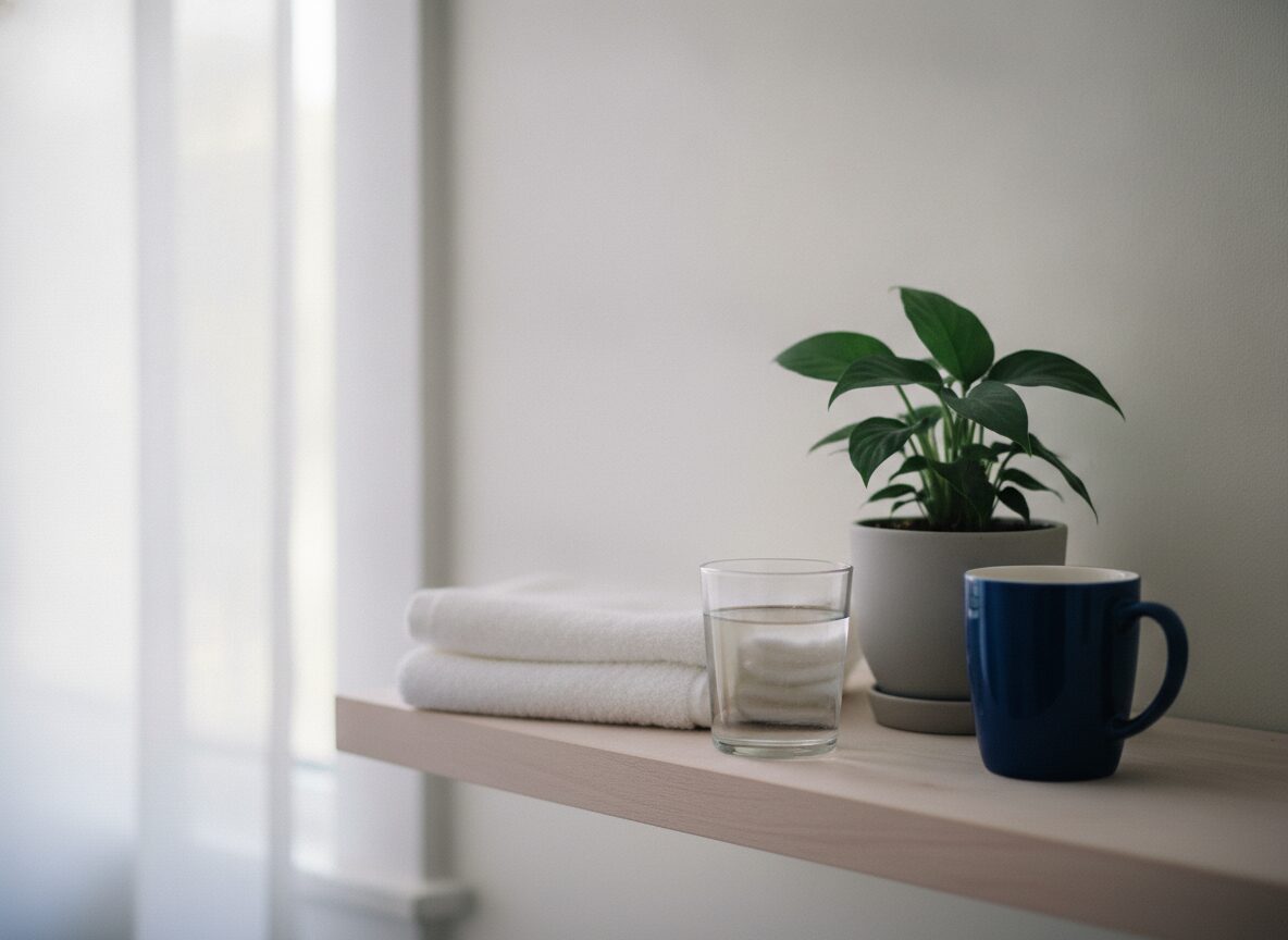 A stack of folded white towels, a glass of water, a small green plant and a navy mug on a pale wooden shelf