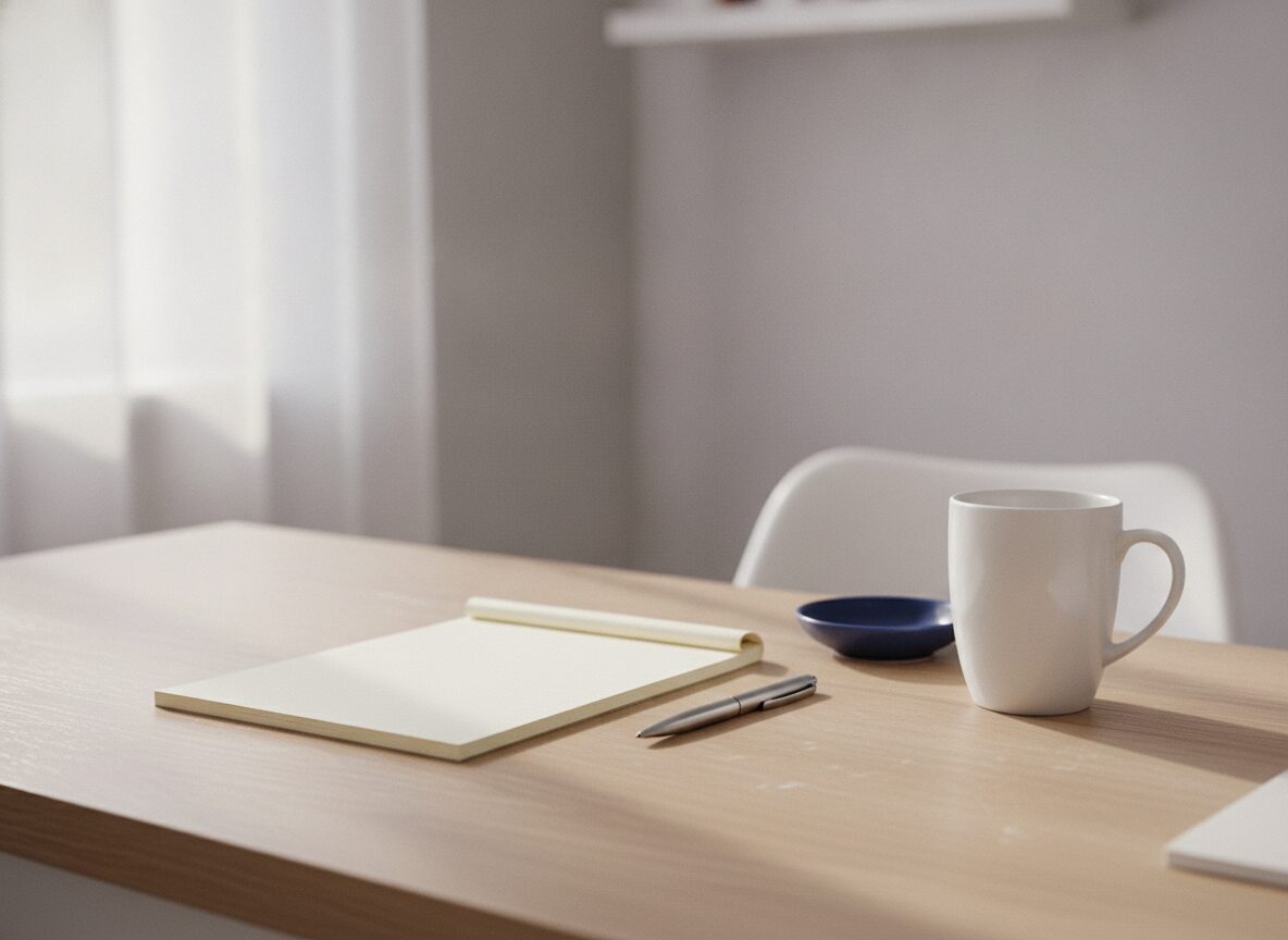 A blank cream notepad with a steel pen beside a white mug and an empty navy dish on a light wooden desk