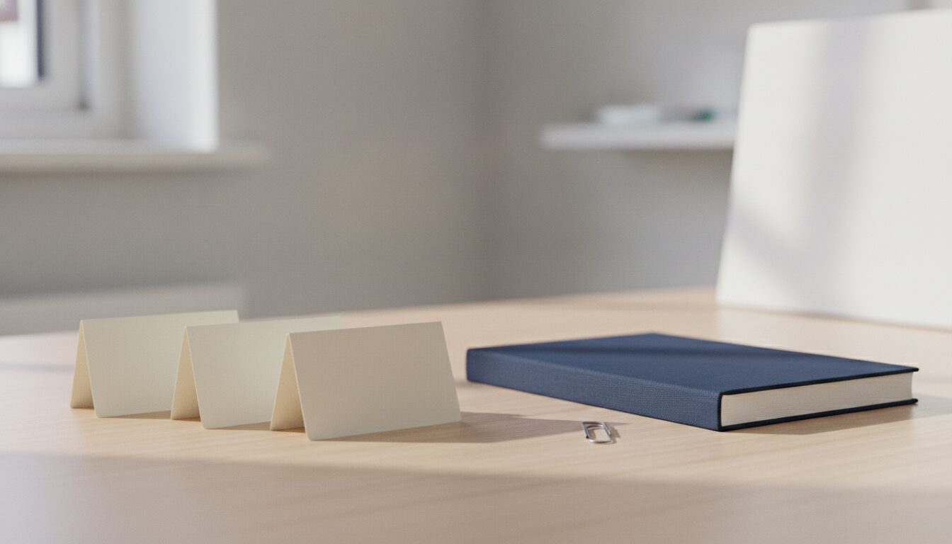 Three blank cream cards folded into tents on a light wooden desk beside a closed navy book and a steel paperclip