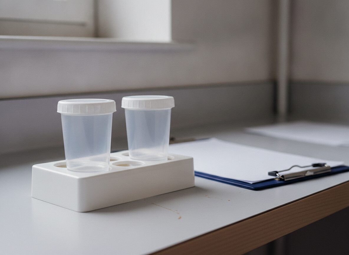 Two empty clear plastic specimen cups with plain white lids standing in a white tray, beside a navy clipboard holding a blank sheet
