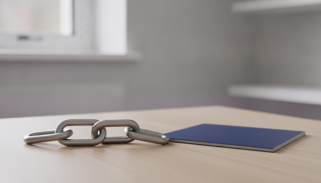 A short chain of four matte steel links lying on a light wooden desk beside a closed navy folder