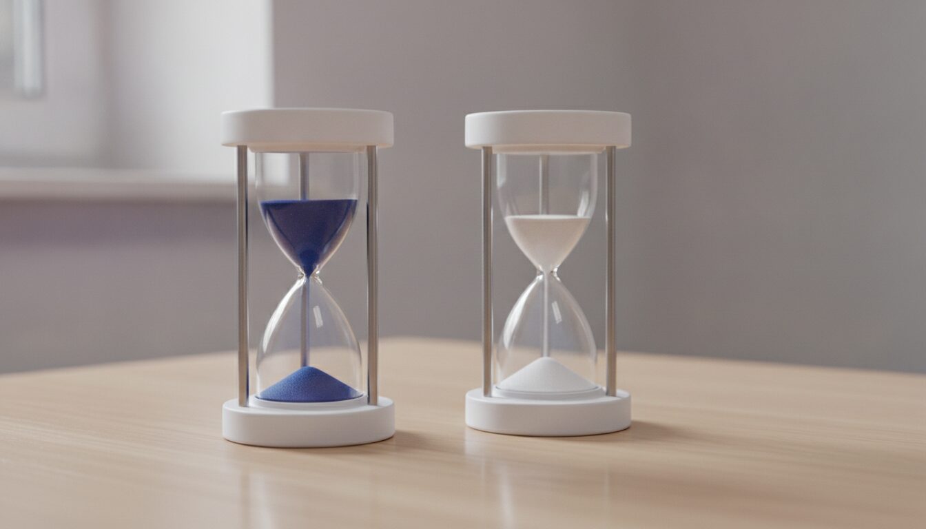 Two glass sand timers side by side on a light wooden clinic desk, one filled with navy sand and one with white sand