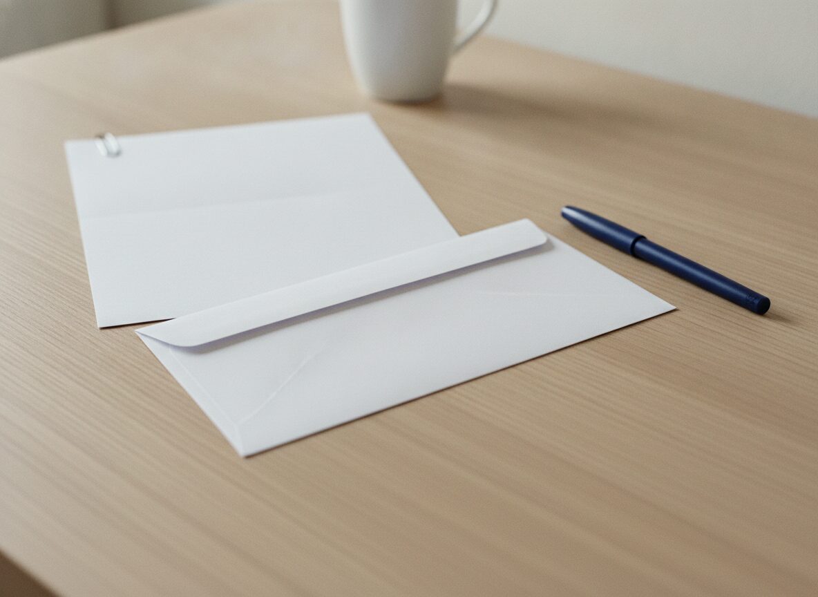 A white envelope and a blank sheet of paper with a paper clip on a light wood desk, beside a navy pen and a white mug