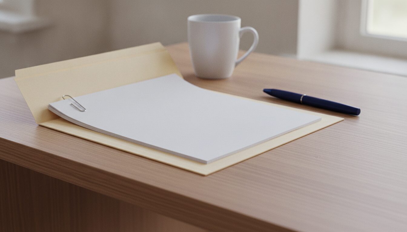 A pale manila folder holding a stack of blank white paper with a paper clip, on a light wood desk beside a navy pen and a white mug