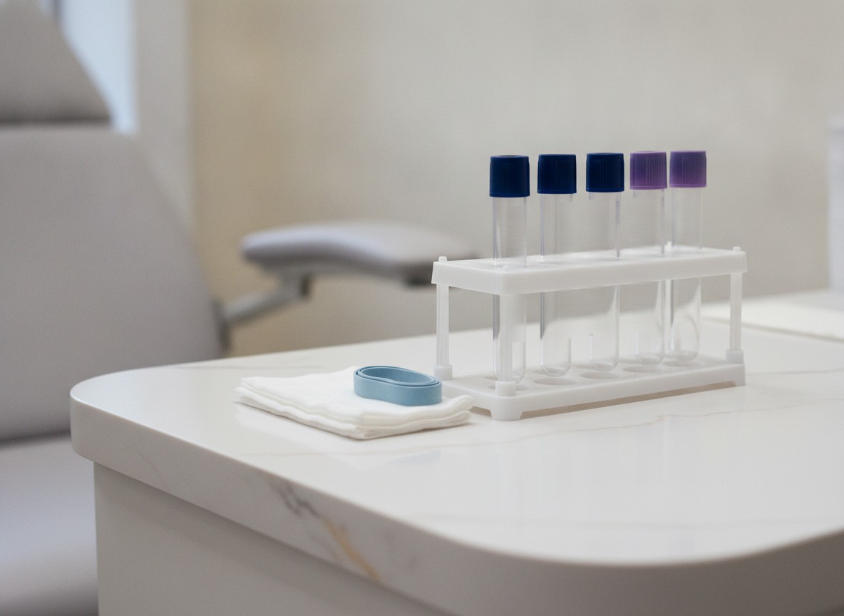 Five empty clear lab collection tubes with navy and purple caps in a white rack, beside folded gauze and a pale blue elastic band on a white counter