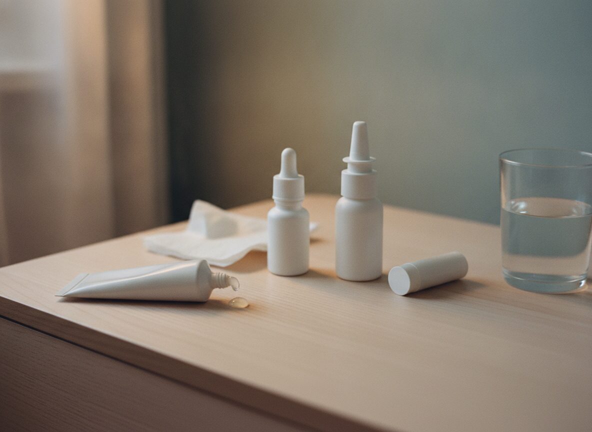 A squeeze tube with a drop of clear ointment, a dropper bottle, a nasal spray bottle and a small white cylinder on a light wood nightstand beside a tissue and a glass of water
