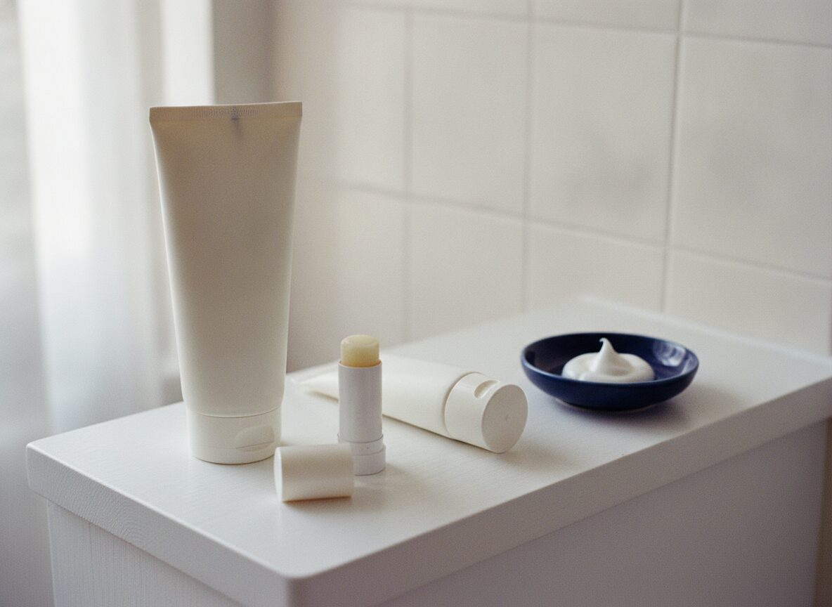 A cream-colored tube standing beside an uncapped lip balm stick and a second tube lying on its side on a white bathroom shelf, with a navy dish holding a swirl of cream