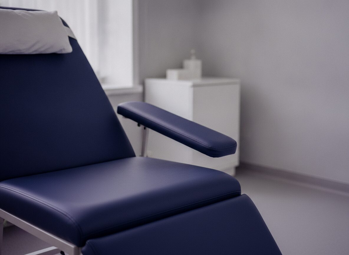 An empty navy padded donation chair with an extended armrest and a white pillow, beside a white cabinet in a quiet room