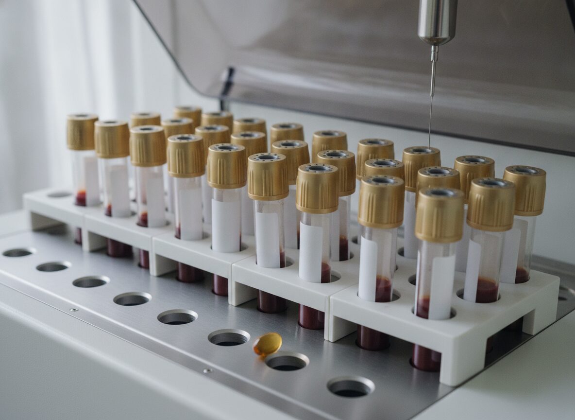 Isotretinoin and testosterone studies: centrifuged serum sample tubes loaded in a lab hormone analyzer