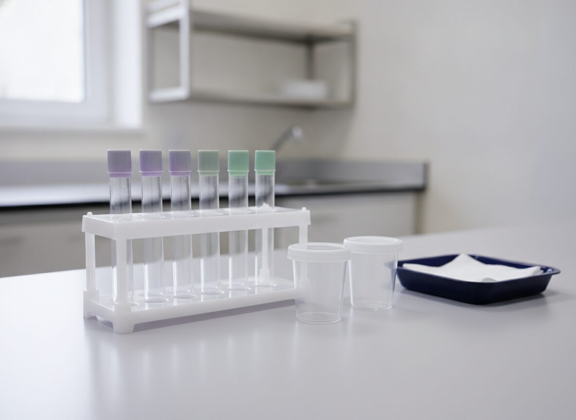 A white rack of six empty glass specimen tubes with lavender and green caps, two blank clear collection cups and a navy tray of gauze on a clean clinic lab bench