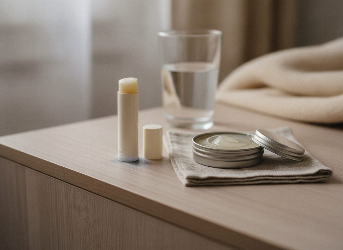 A plain lip balm stick with its cap beside it stands on a pale wood nightstand next to a small round metal tin of pale petroleum jelly, which sits open on a folded linen cloth with its lid beside it, with a glass of water behind.