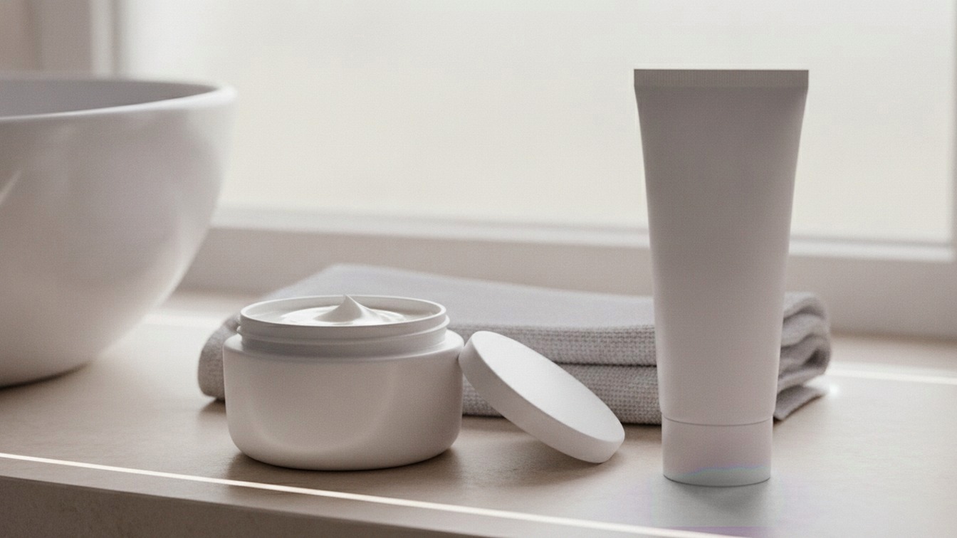 A white ceramic jar of thick cream with its lid beside it and a plain white squeeze tube stand on a stone bathroom shelf in front of a folded grey towel, with a white sink basin and a frosted window behind.