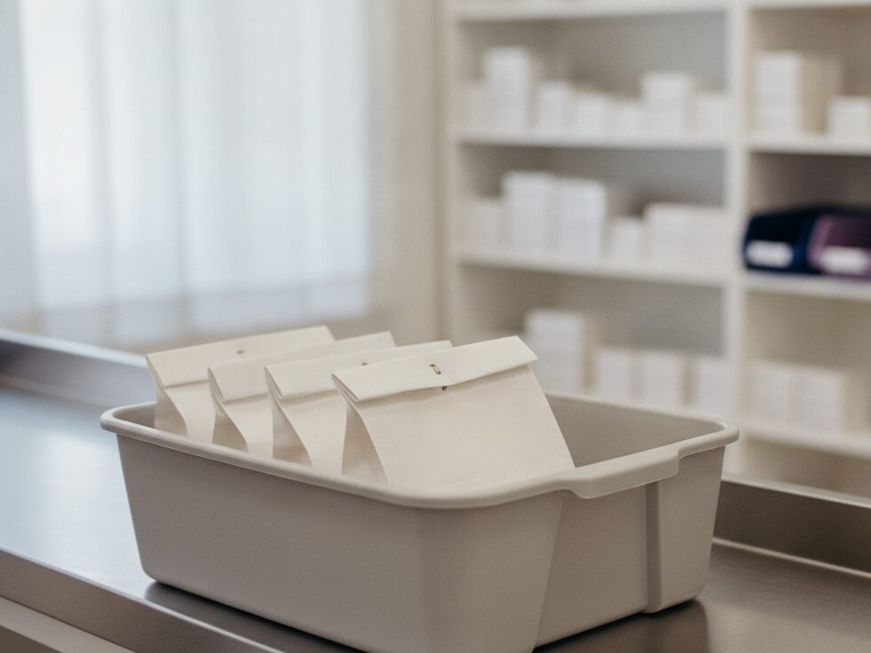 Four folded white prescription bags in a grey tote on a stainless steel pharmacy counter, with shelves behind