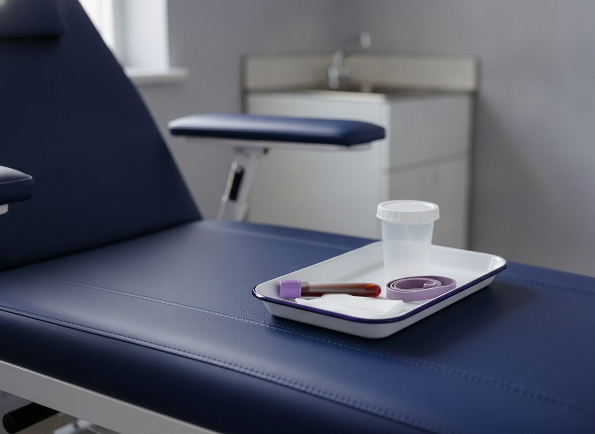 A capped blood collection tube, a lidded specimen cup, gauze and a purple tourniquet on a white tray resting on a navy lab draw chair