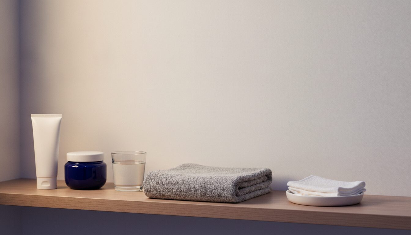 A pale oak shelf holding a blank white squeeze tube, a closed navy blue jar with a white lid, a glass of water, a folded grey towel and a white dish with a folded white washcloth, in soft warm window light.