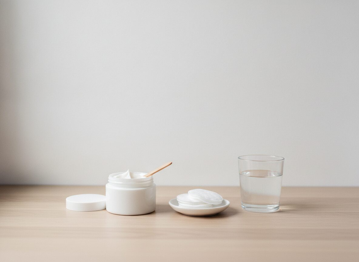 A white jar of cream with a small wooden spatula resting in it and its lid beside it, a small white dish holding a stack of round cotton pads, and a glass of water on a pale oak counter.