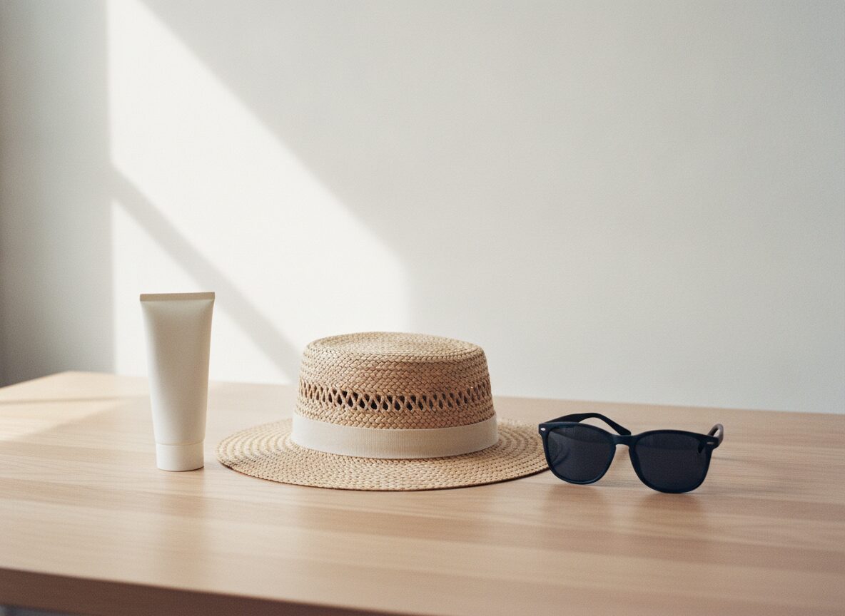 A blank white squeeze tube, a woven straw hat with a pale ribbon band and a pair of black sunglasses on a pale oak table in bright daylight.