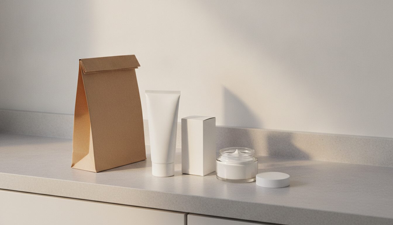 A folded brown paper bag, a blank white squeeze tube, a plain white carton and a glass jar of white cream with its white lid lying beside it, all on a pale grey counter in warm window light.