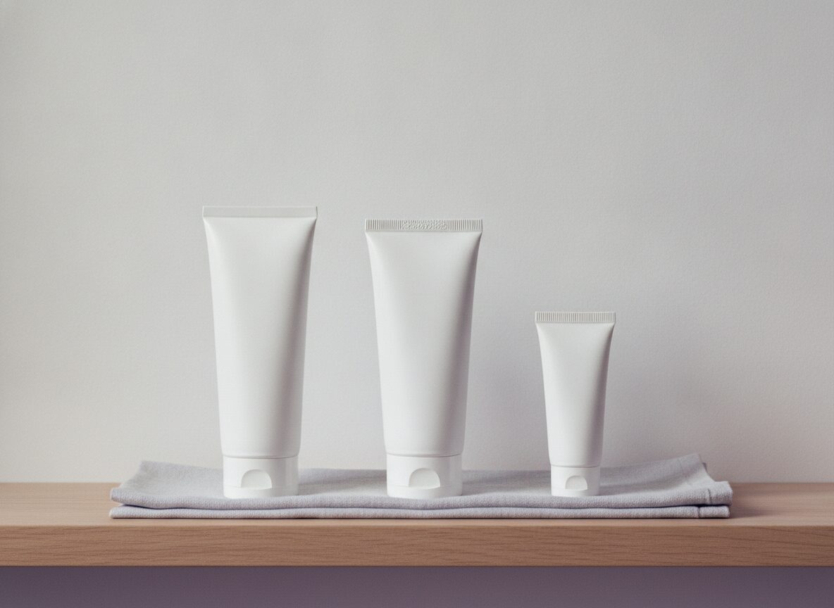 Three blank white squeeze tubes standing in a row on a folded grey cloth on a pale oak shelf, a tall one at the left, a medium one in the middle and a short slim one at the right.